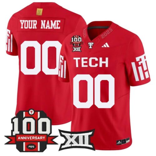 m20250826008_1 Men's Texas Tech Red Raiders Custom Red Premier 100 Year Anniversary Football Jersey